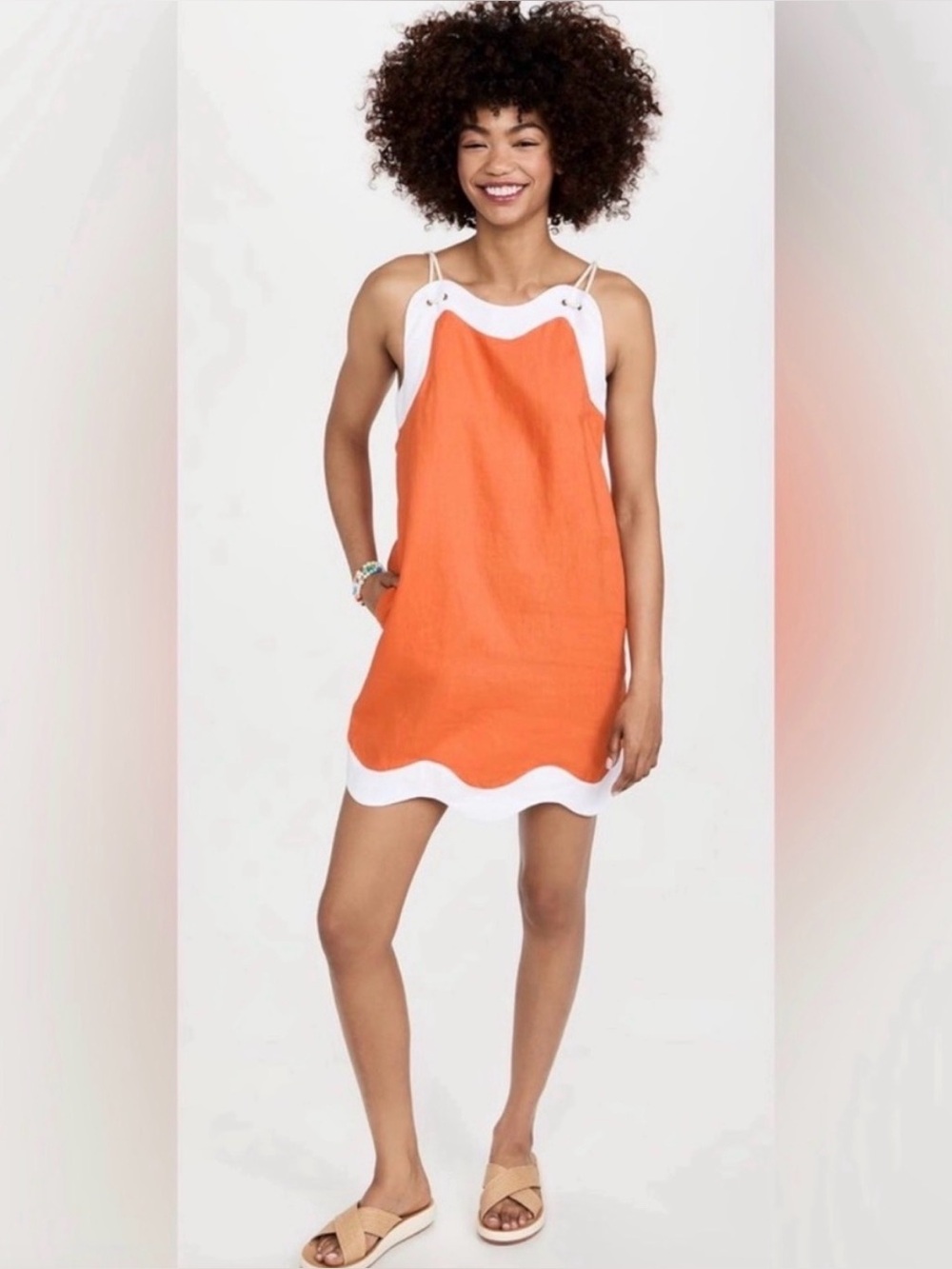 STAUD Renata Linen Mini Dress Orange with White Trim size Large.